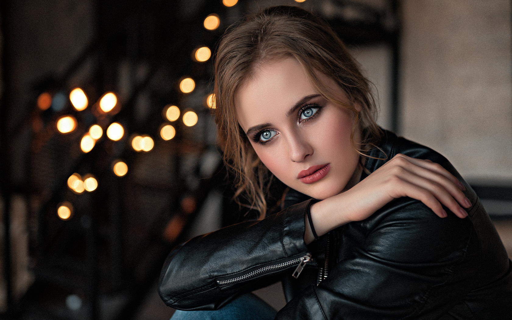 women, portrait, leather jackets, bokeh, blue eyes, , , , , ,  