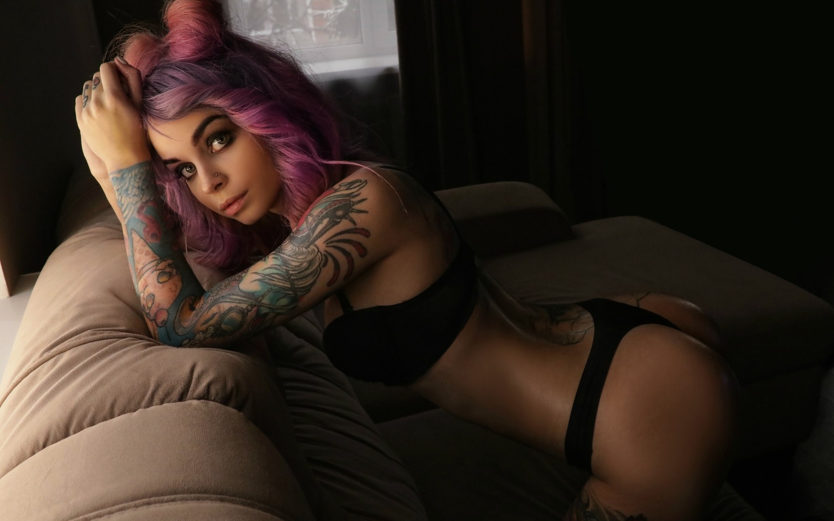 women, dyed hair, kneeling, ass, pierced nose, black lingerie, couch, tattoo, portrait, pink hair, arched back, kary popova