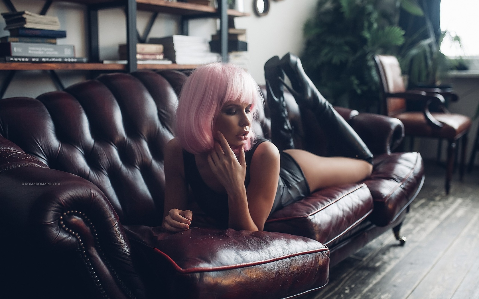 women, wigs, pink hair, monokinis, tanned, knee-high boots, couch, ass, lying on front, plants, books