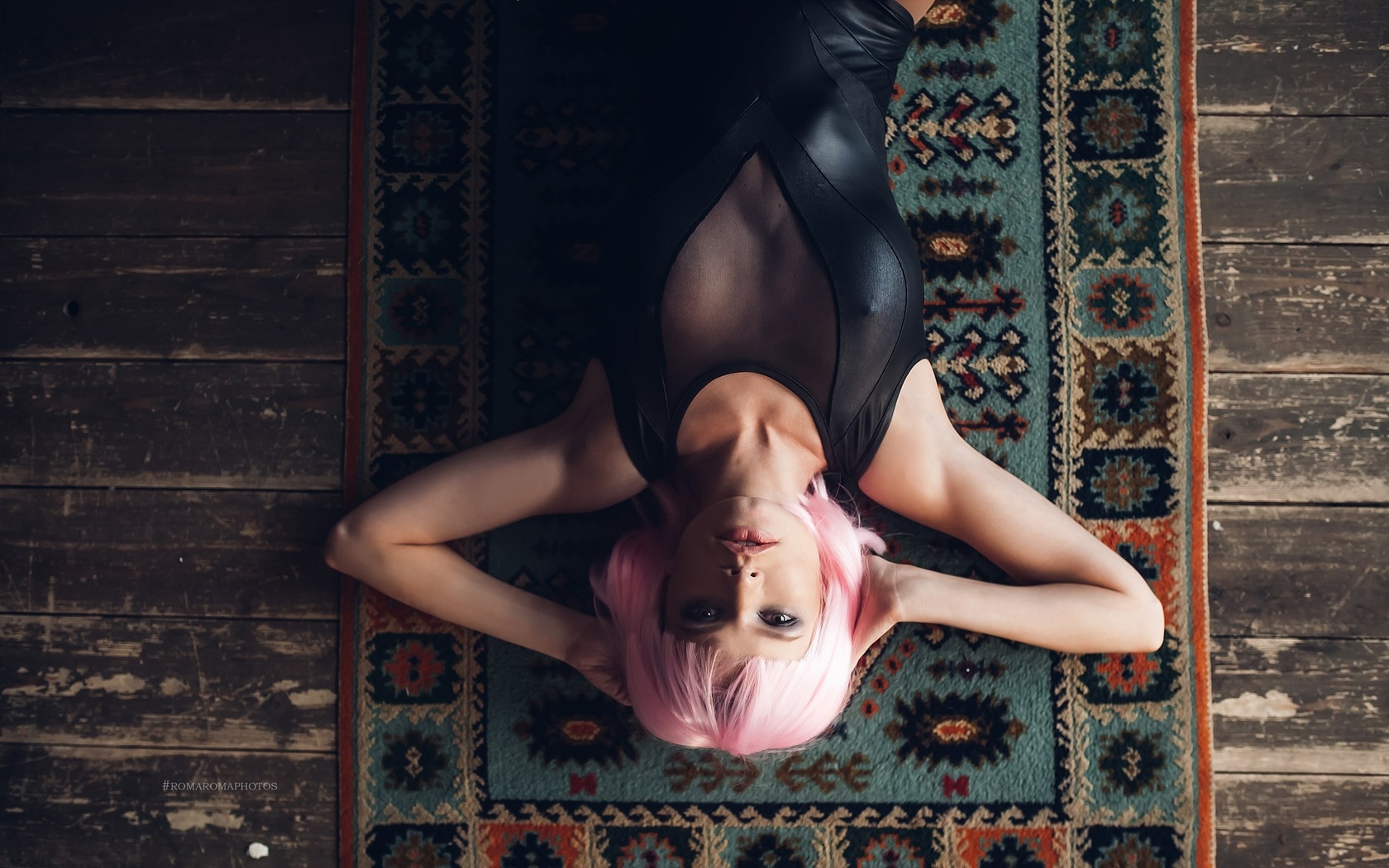 women, wigs, pink hair, monokinis, tanned, top view, on the floor, wooden surface, lying on back, nipple through clothing