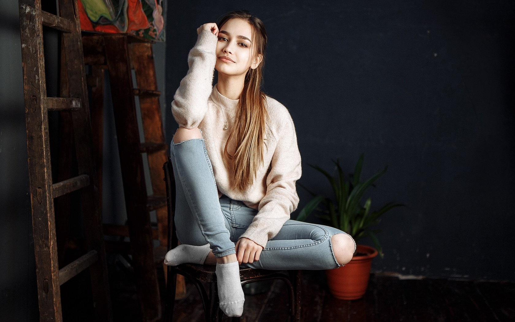 women, anastasia lis, jeans, necklace, smiling, socks, torn jeans, ladders, long hair, portrait