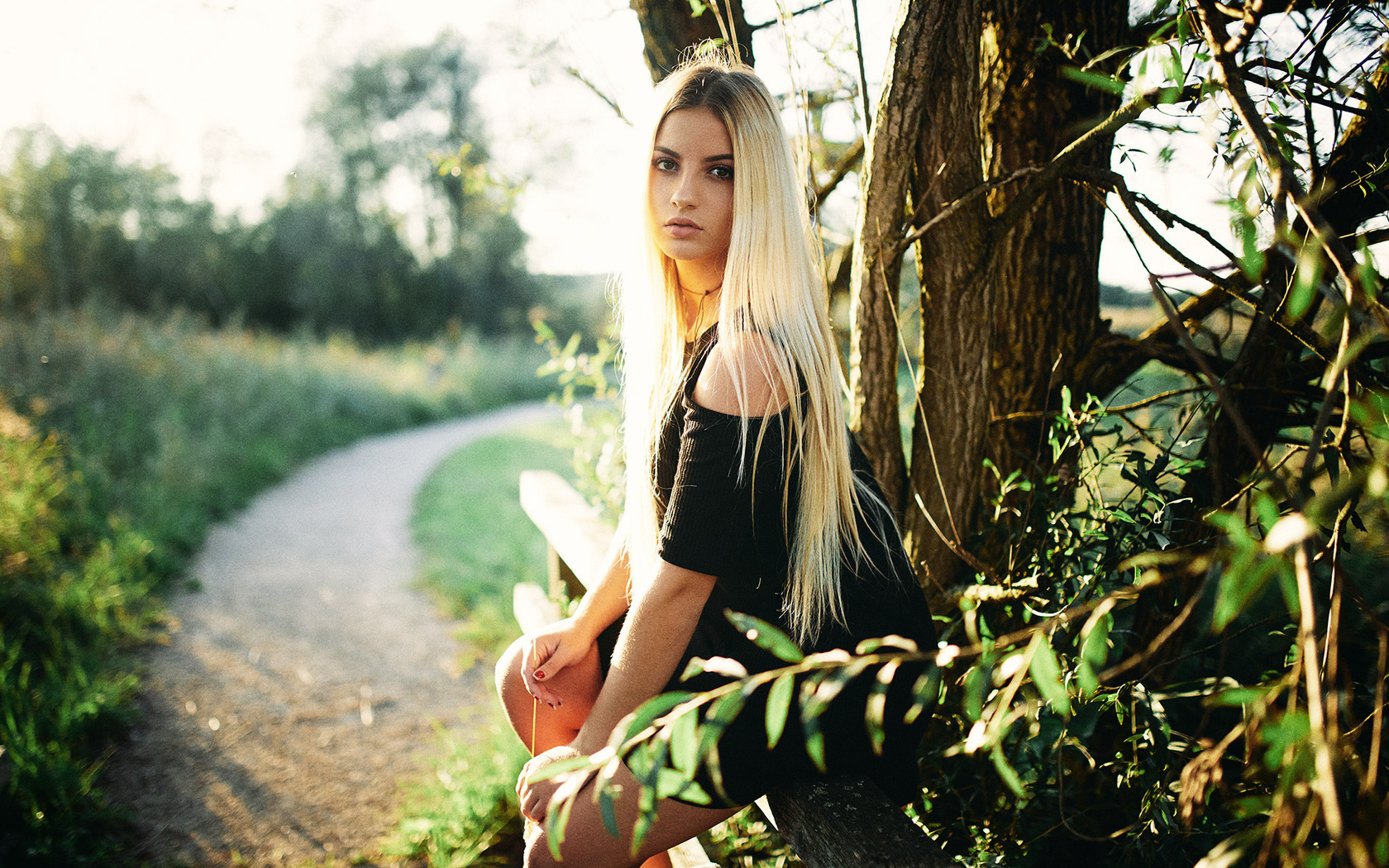 women, blonde, trees, depth of field, red nails, black dress, women outdoors, long hair