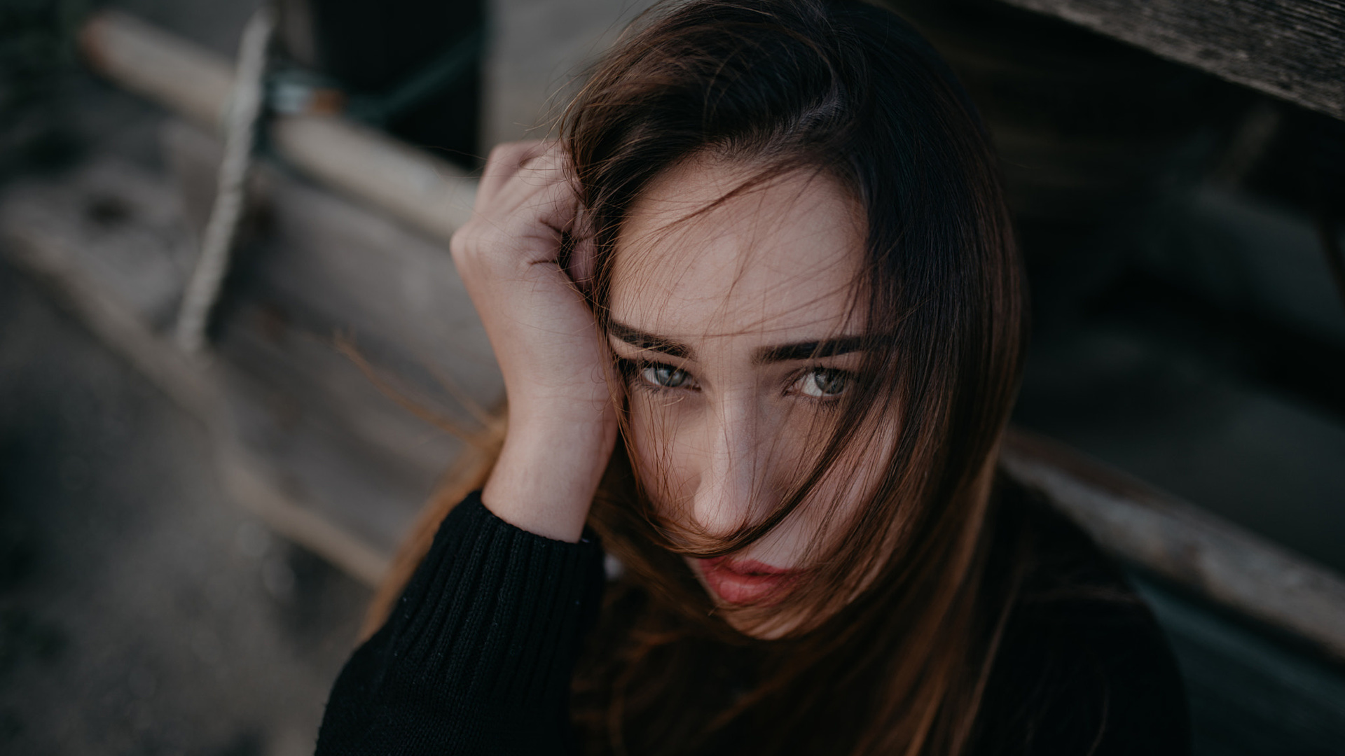 women, face, portrait, red lipstick, hair in face, depth of field