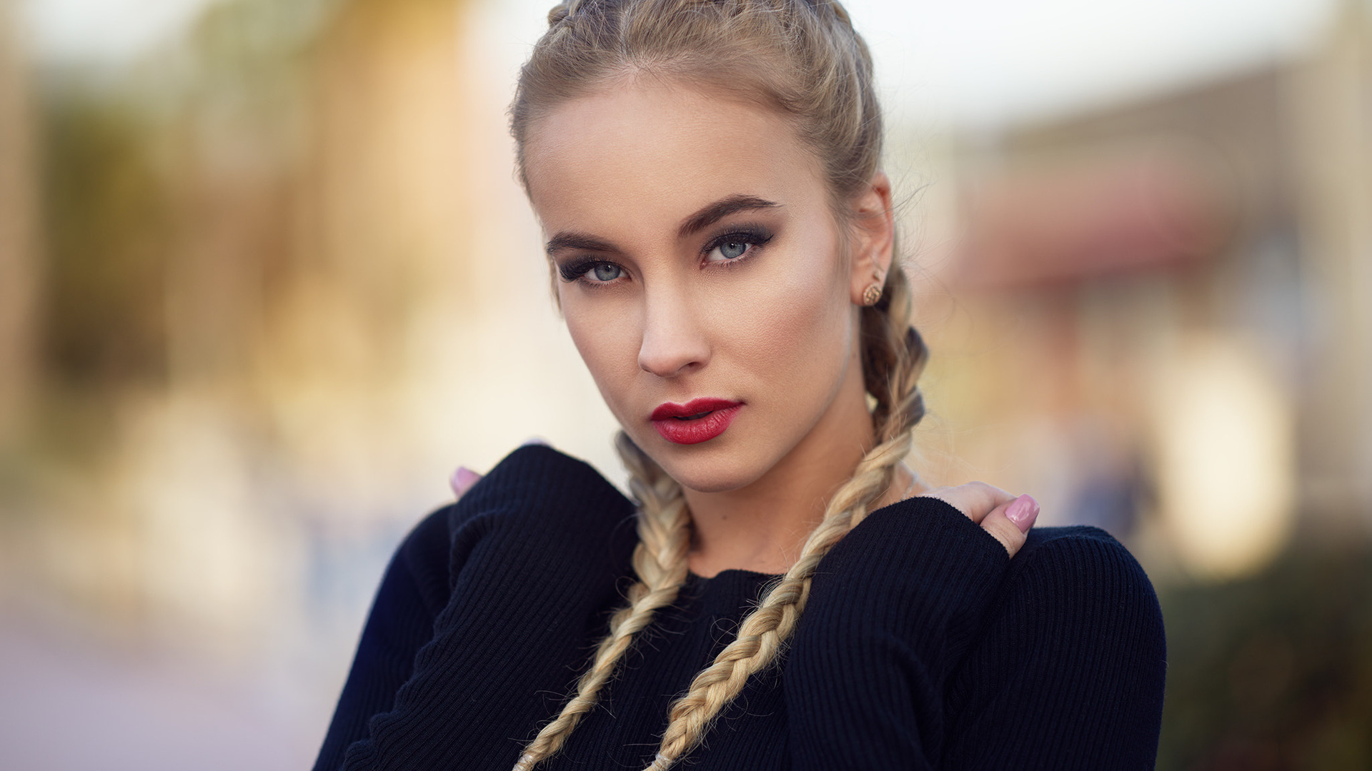 women, blonde, pink nails, pigtails, depth of field, red lipstick, portrait