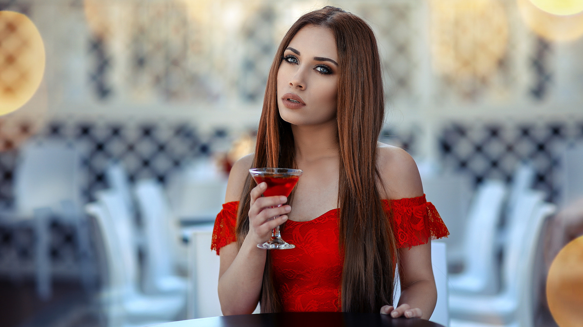 women, drinking glass, table, blue eyes, depth of field, portrait, long hair