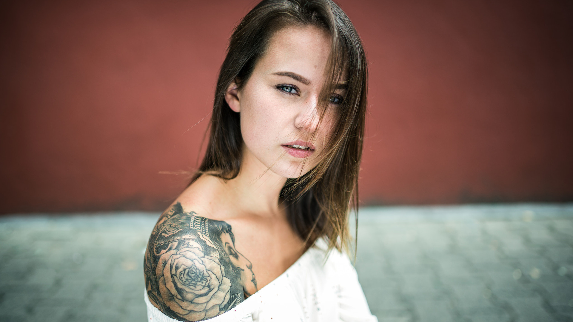 women, face, portrait, tattoo, blue eyes