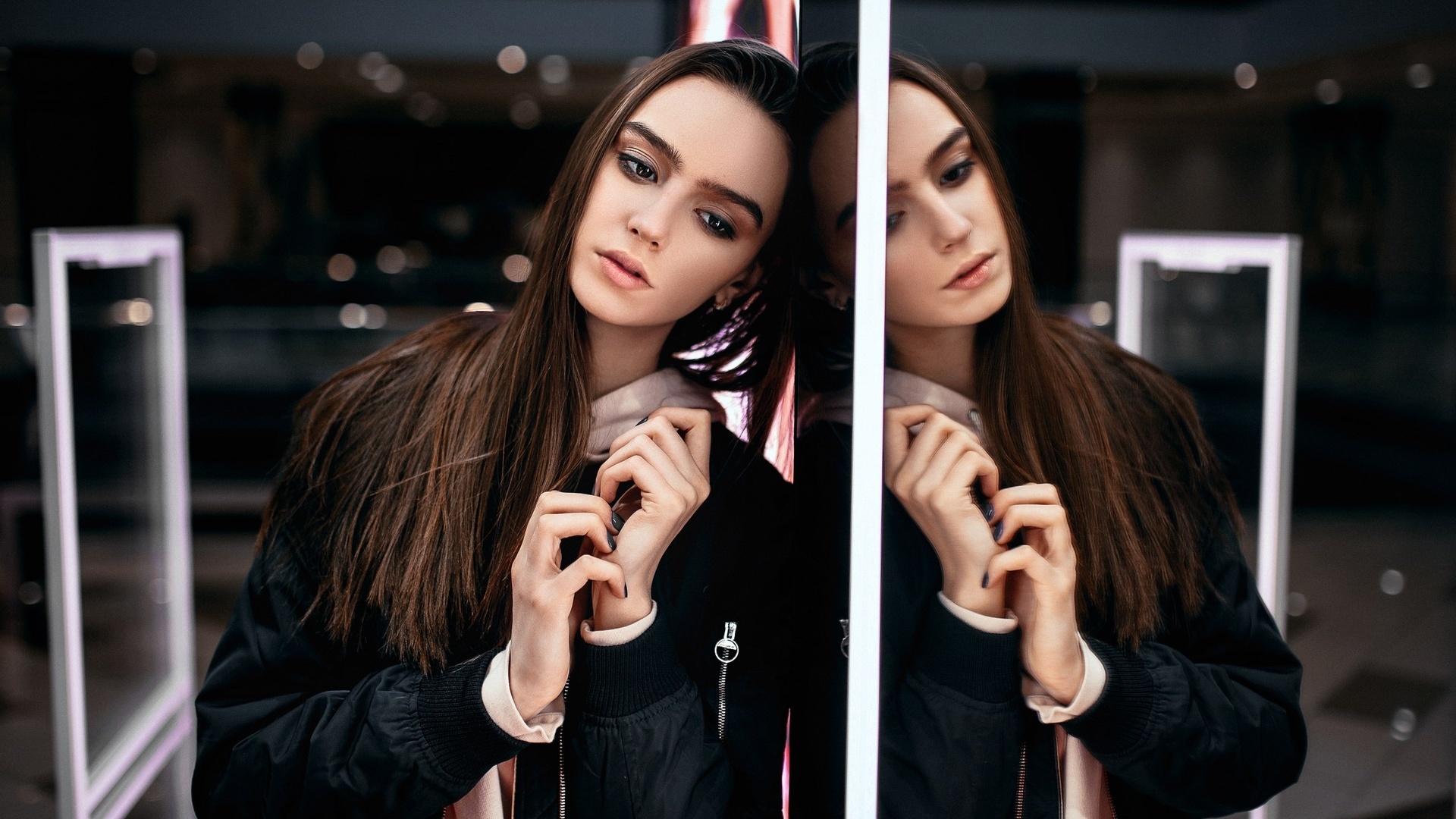 women, portrait, mirror, reflection, painted nails, sweater