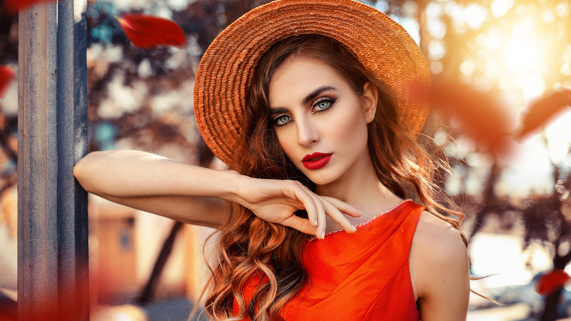 women, alessandro di cicco, red lipstick, portrait, hat, depth of field, gray eyes