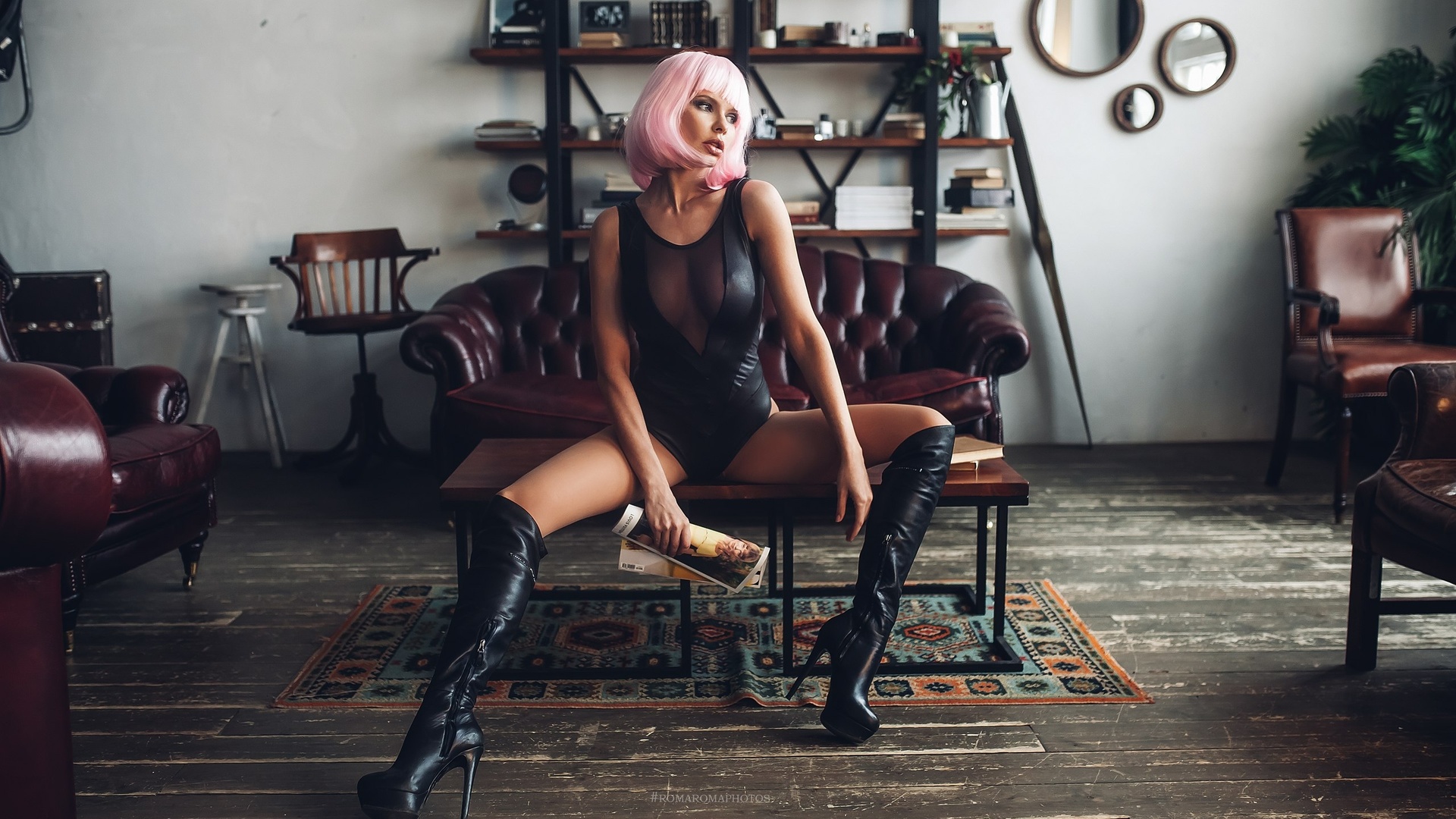 women, wigs, pink hair, monokinis, tanned, knee-high boots, couch, sitting, looking away