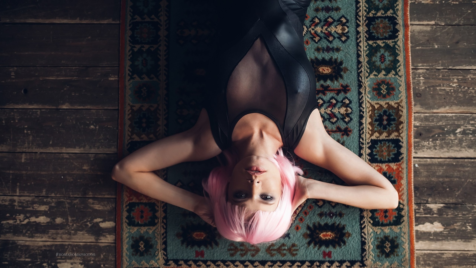 women, wigs, pink hair, monokinis, tanned, top view, on the floor, wooden surface, lying on back, nipple through clothing