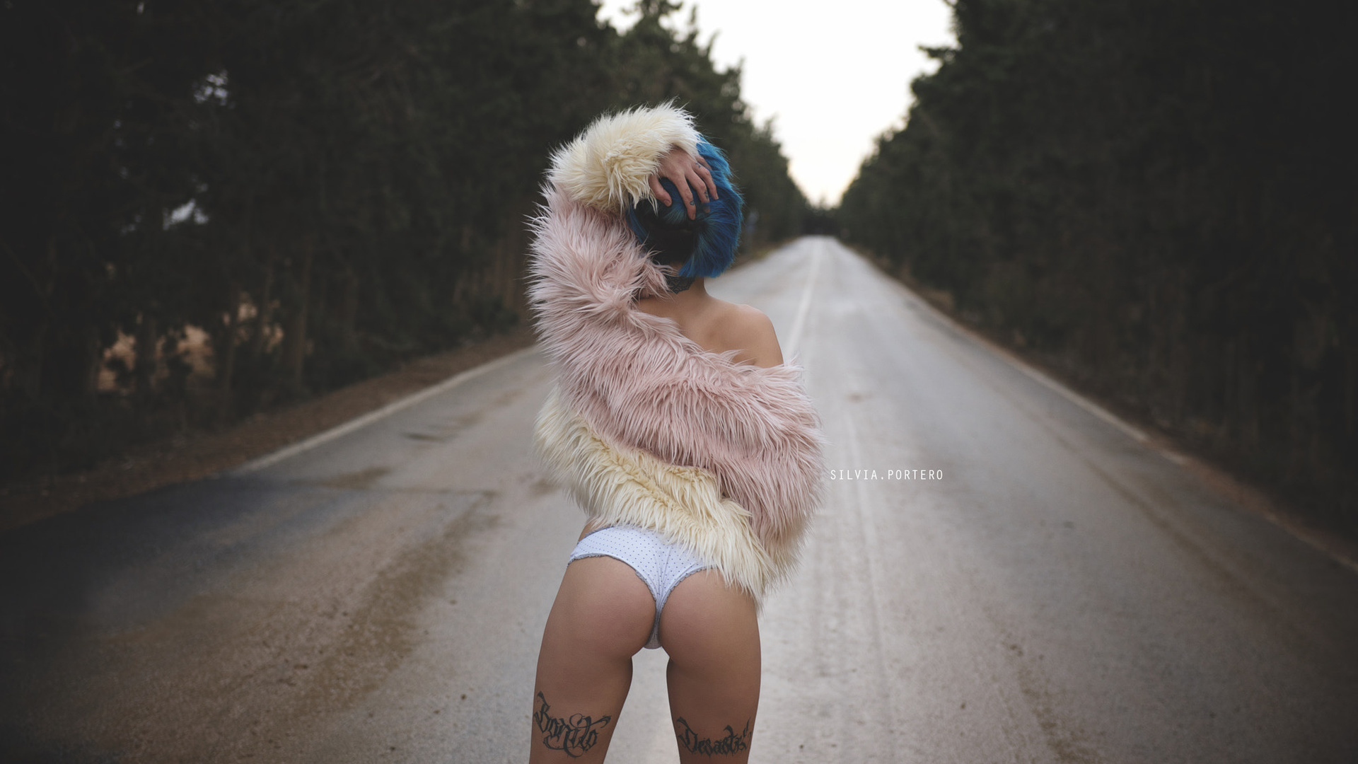 women, fur, road, tattoo, back, white panties, depth of field, women outdoors, brunette, blue hair, dyed hair, ass