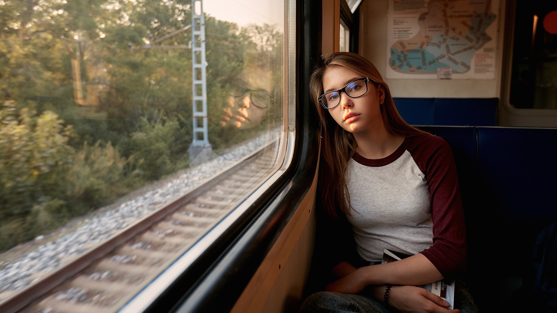 women, blonde, portrait, brunette, women with glasses, shirt, sitting, train,  