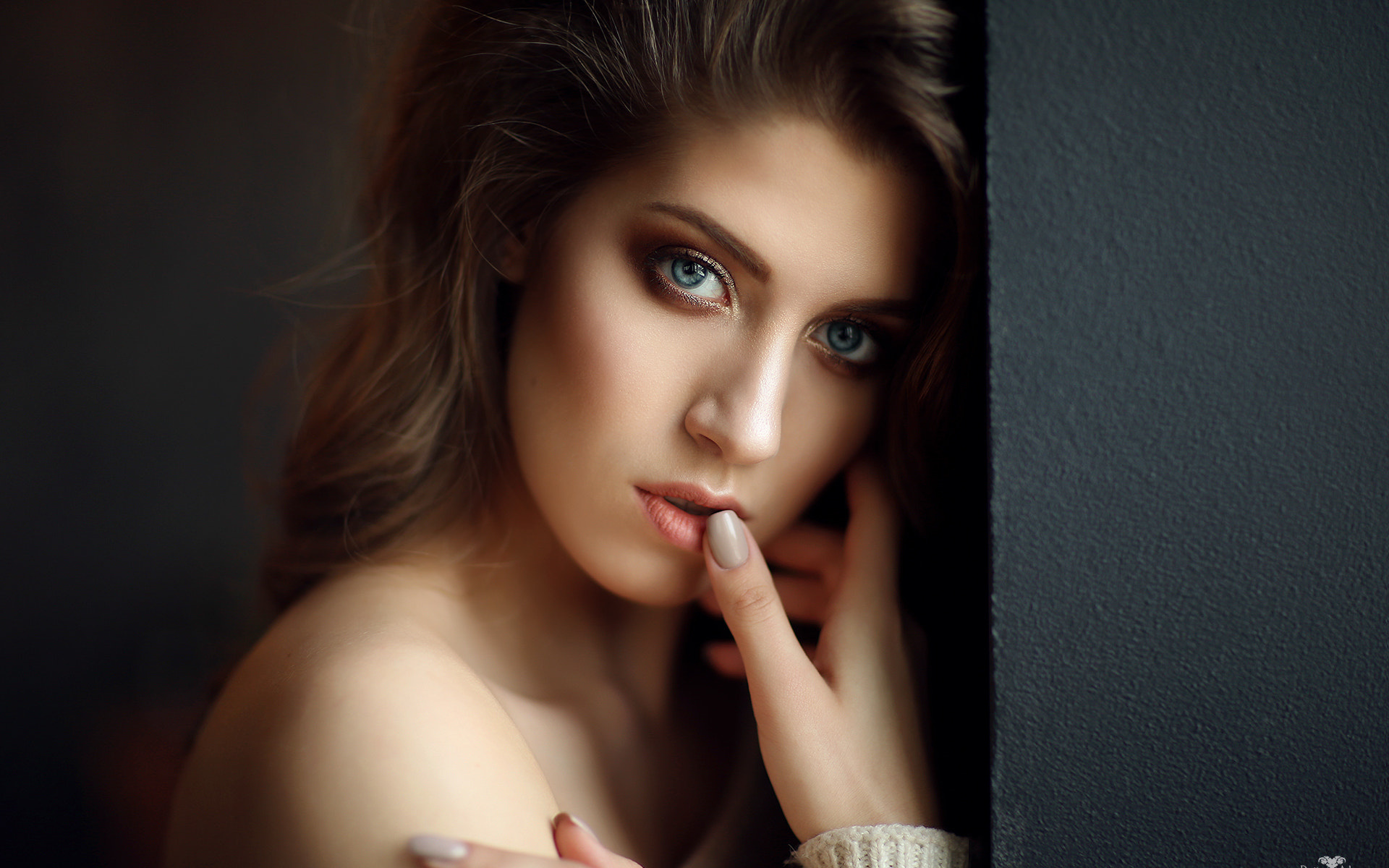 women, face, portrait, finger on lips, blue eyes, painted nails