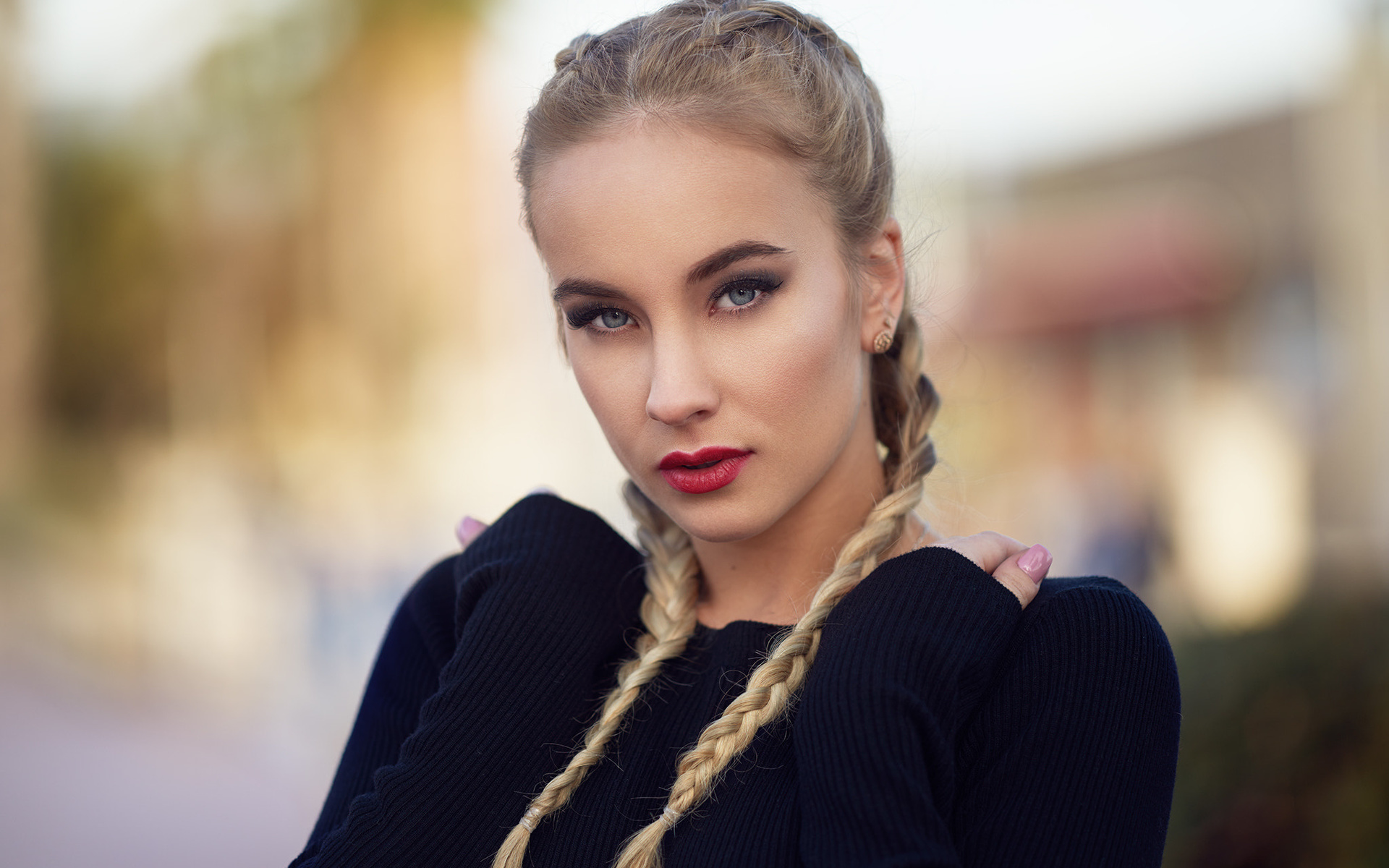 women, blonde, pink nails, pigtails, depth of field, red lipstick, portrait