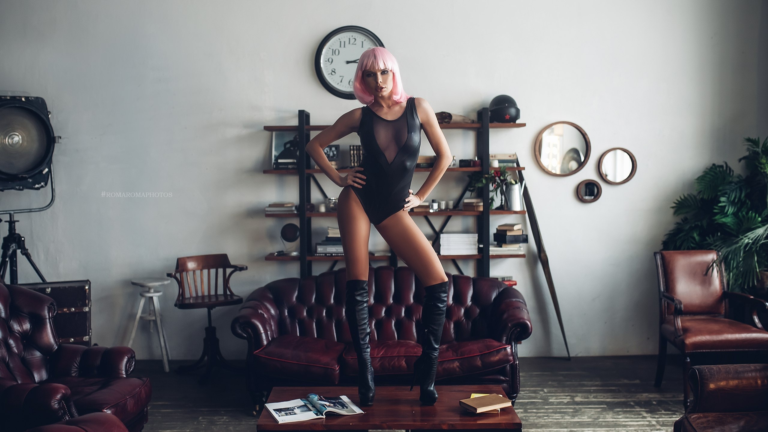 women, wigs, pink hair, monokinis, tanned, knee-high boots, couch, hands on hips