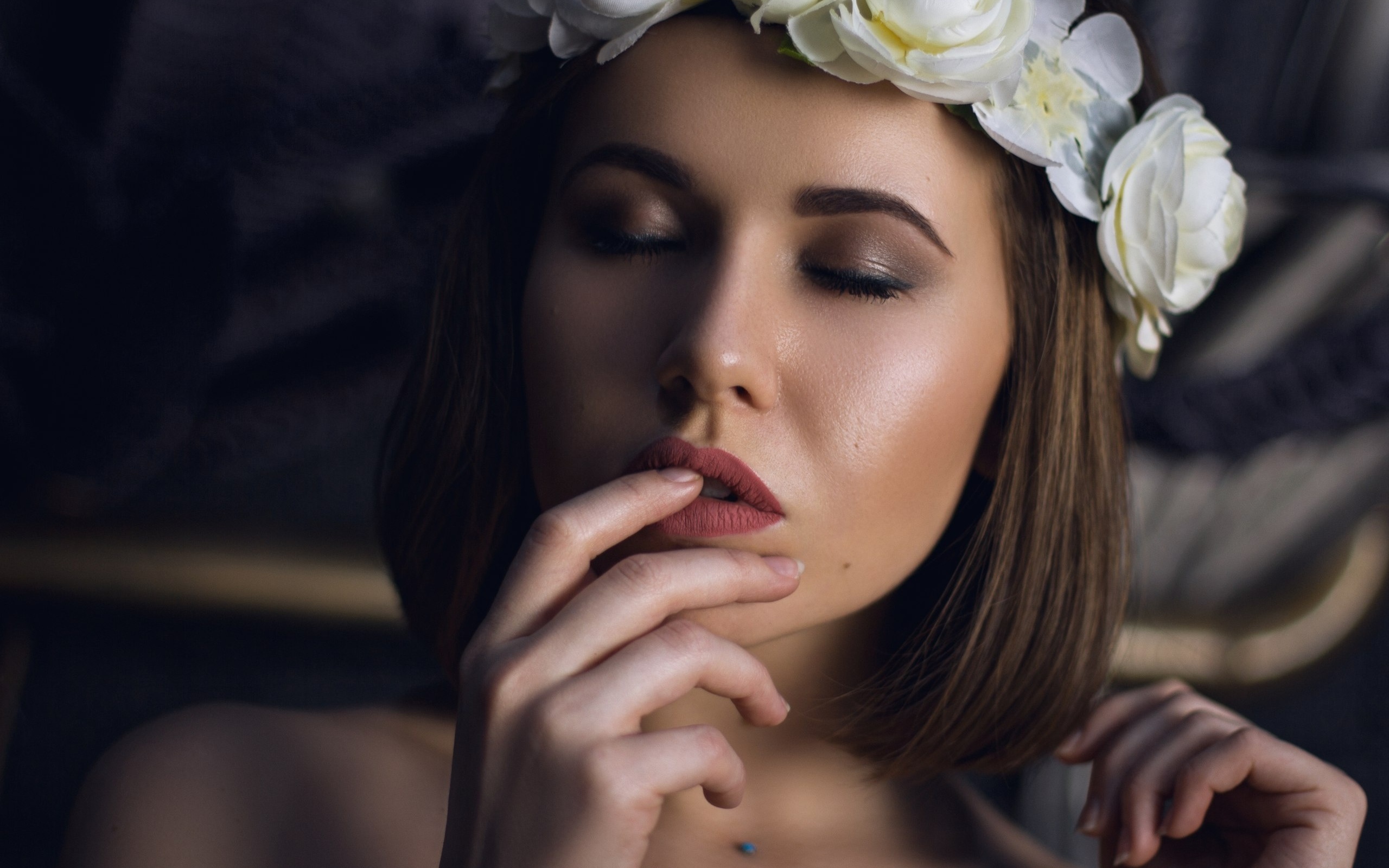 women, crown, flowers, closed eyes, face, portrait, bricks, finger on lips