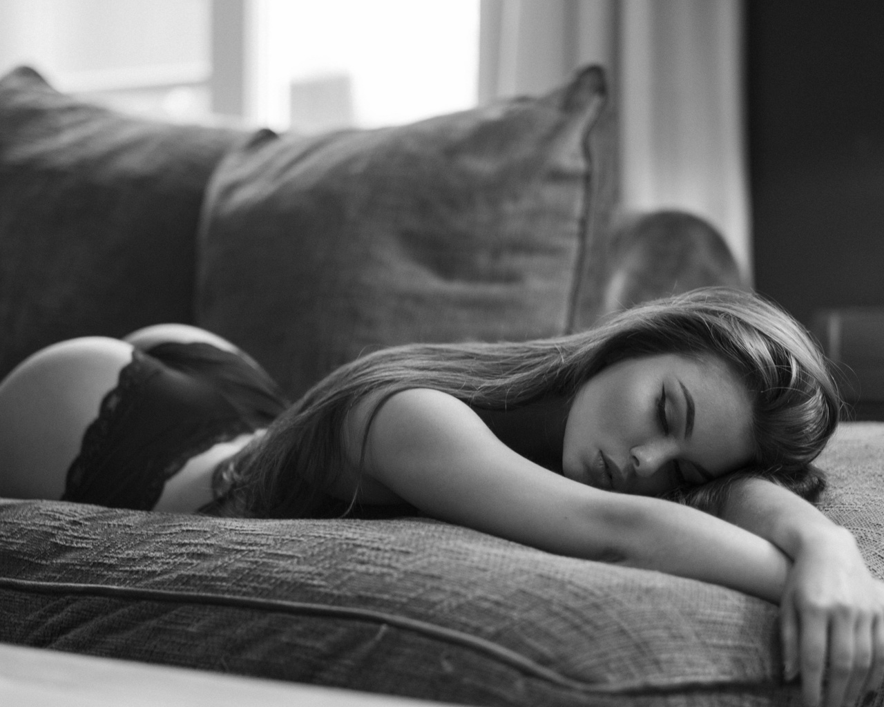 women, eyeliner, black lingerie, ass, couch, lying on front, closed eyes, monochrome, long hair