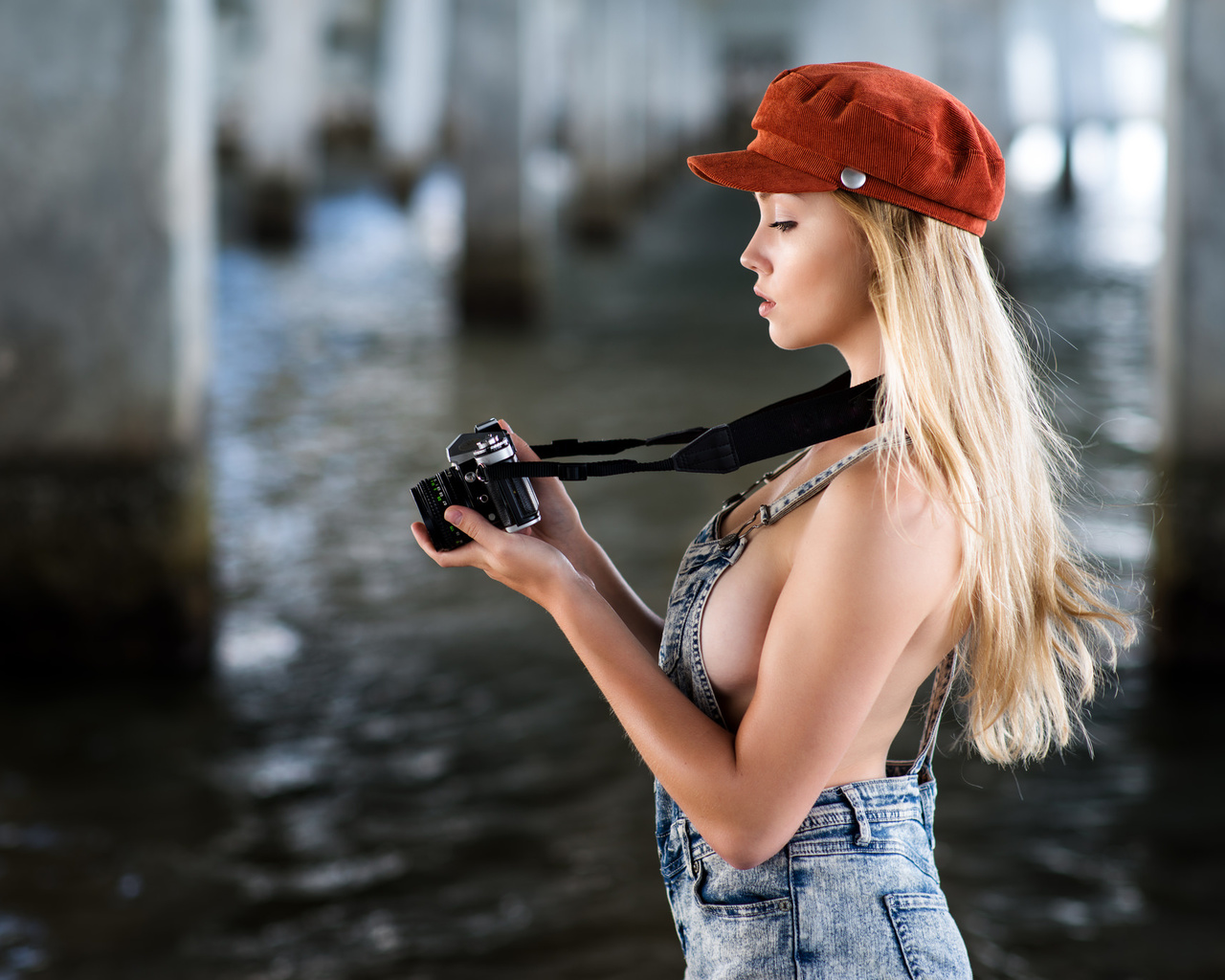 women, blonde, overalls, camera, sideboob, portrait, boobs, depth of field