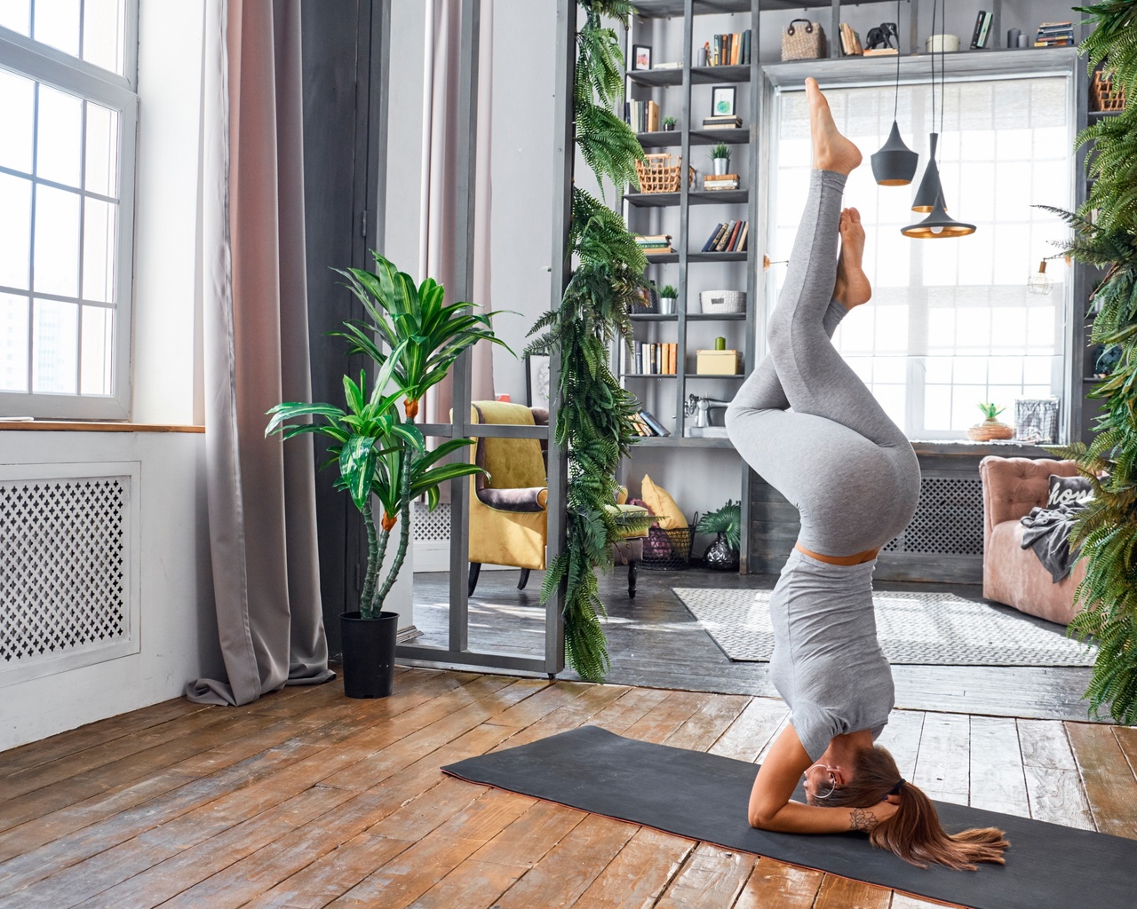 pose, room, on the head, flexible, stand, figure, brown hair, mike, leggings, girl, fitness, mat, yoga