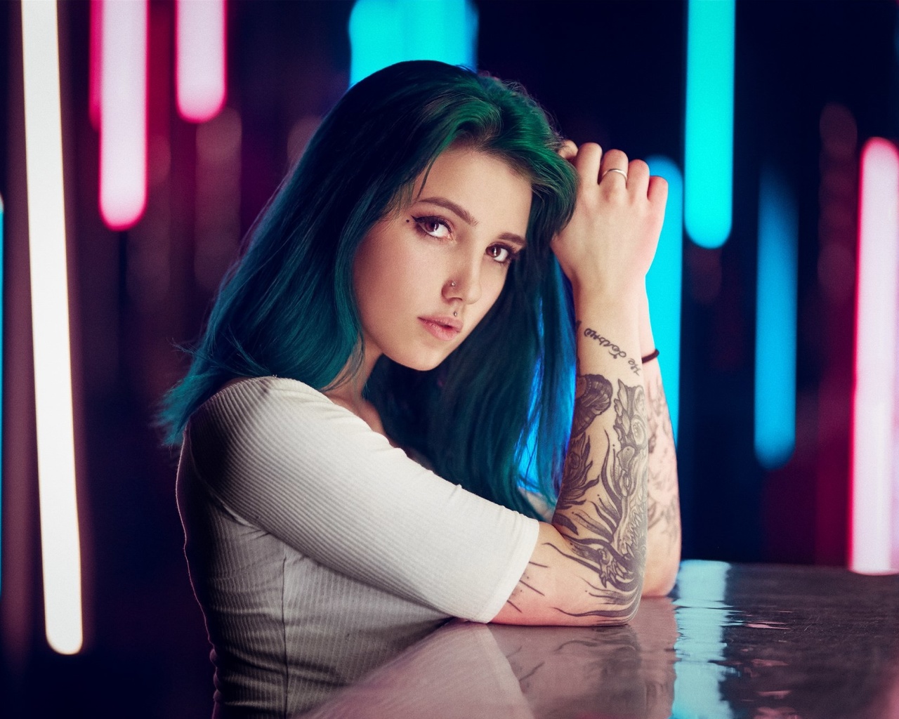 women, dyed hair, tattoo, face, portrait, pierced nose, piercing