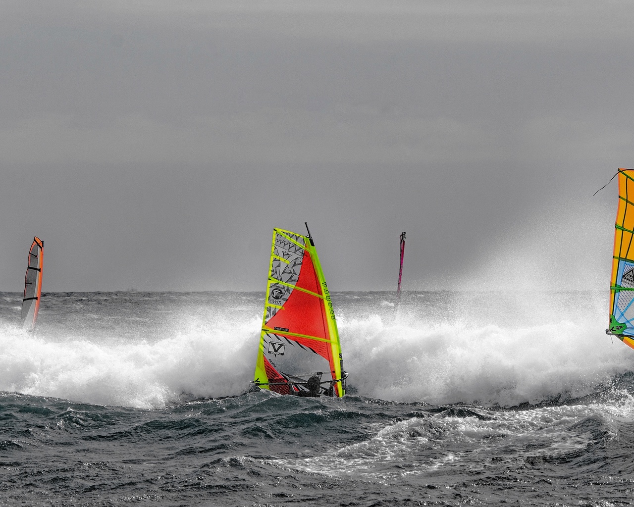 sail, the wind, regatta, board, wave, windsurfing, sea