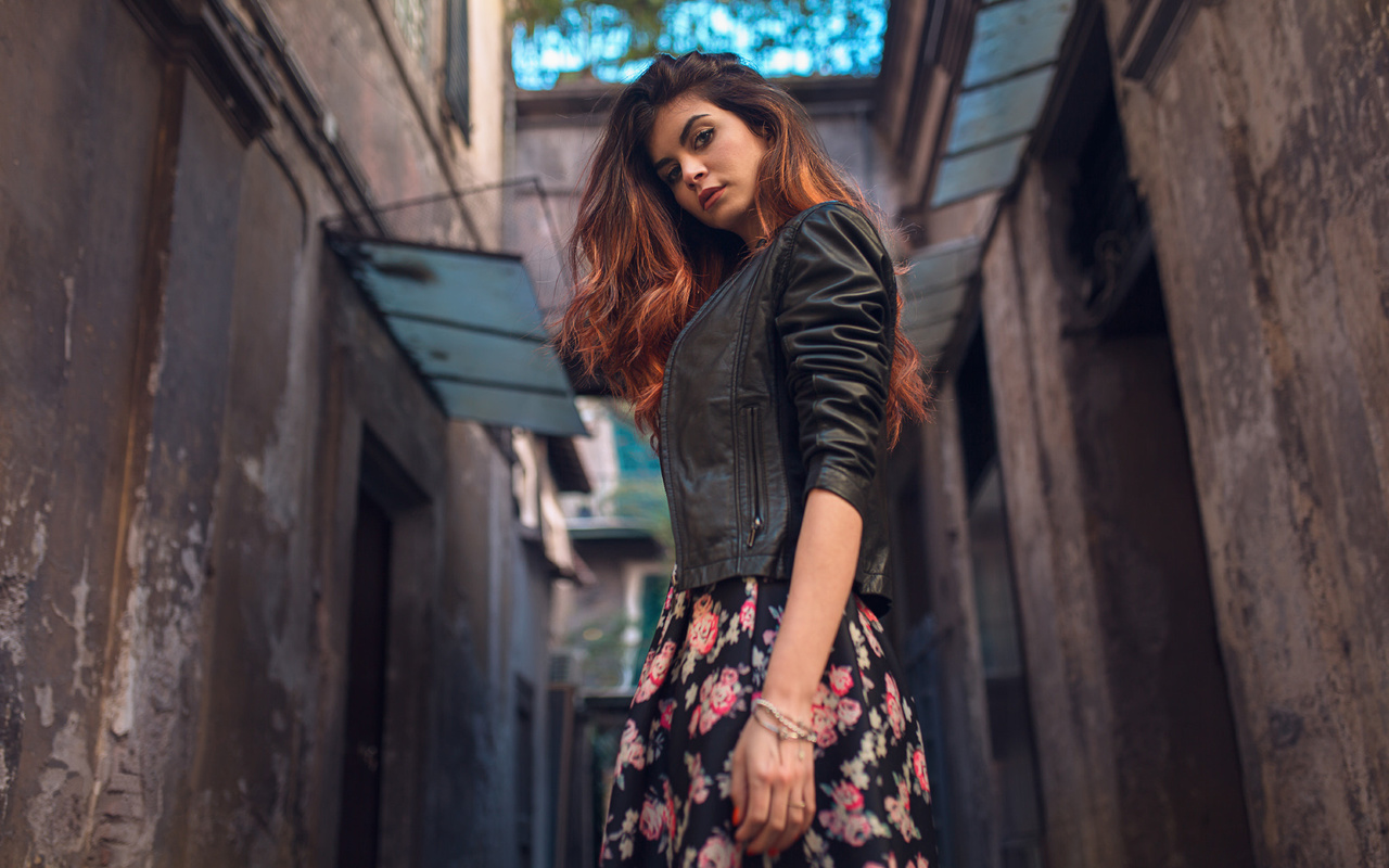 women, rear view, portrait, leather jackets, dyed hair, red nails, dress, brunette, depth of field, eyeliner