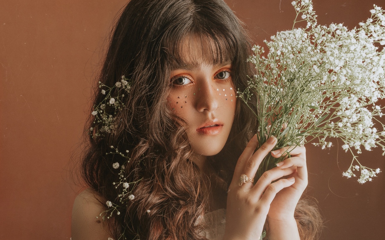 flowers, look, sequins, portrait, makeup, face, hair