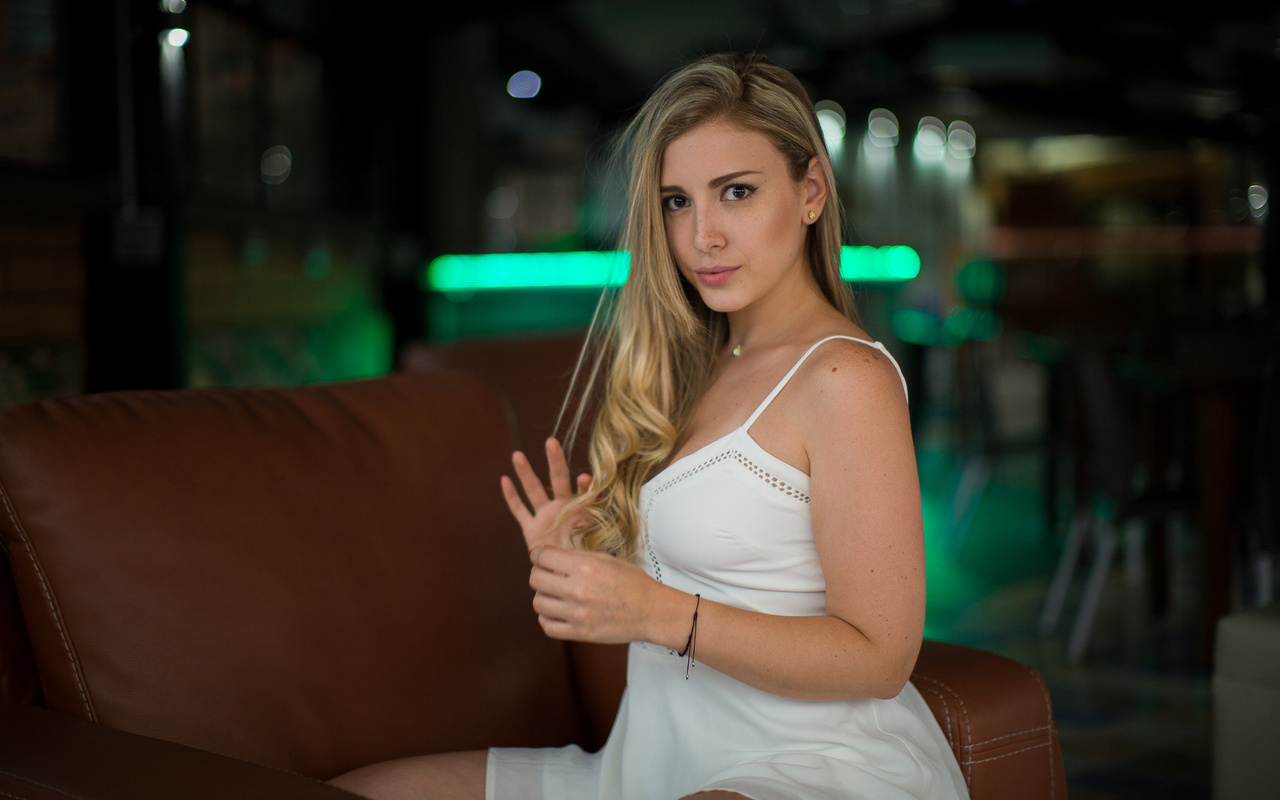 women, blonde, esteban montoya, sitting, white dress, depth of field, portrait