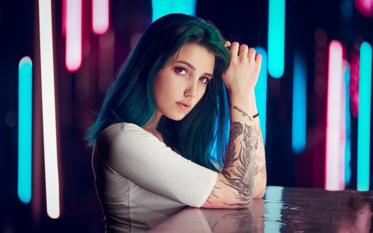 women, dyed hair, tattoo, face, portrait, pierced nose, piercing