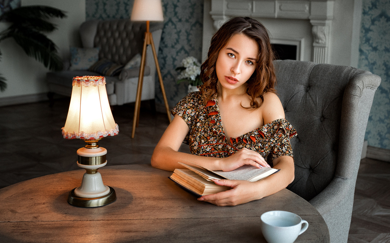 women, sitting, lamp, table, cup, portrait, books