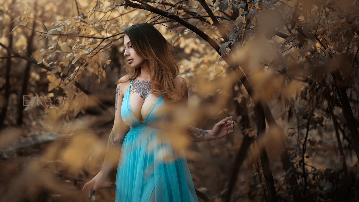 women, brunette, depth of field, big boobs, painted nails, blue dress, women outdoors, cleavage, looking away, tattoo