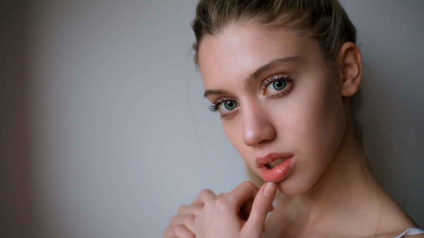 women, face, portrait, blonde, green eyes, simple background, finger on lips