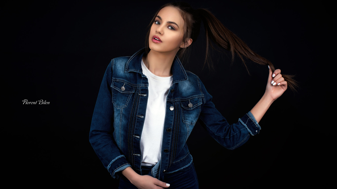 women, portrait, t-shirt, denim, white nails, simple background, gray eyes, black background