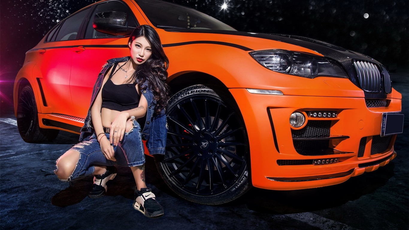 sitting on the machine, bmw, girls, asian, auto, beautiful girl, look