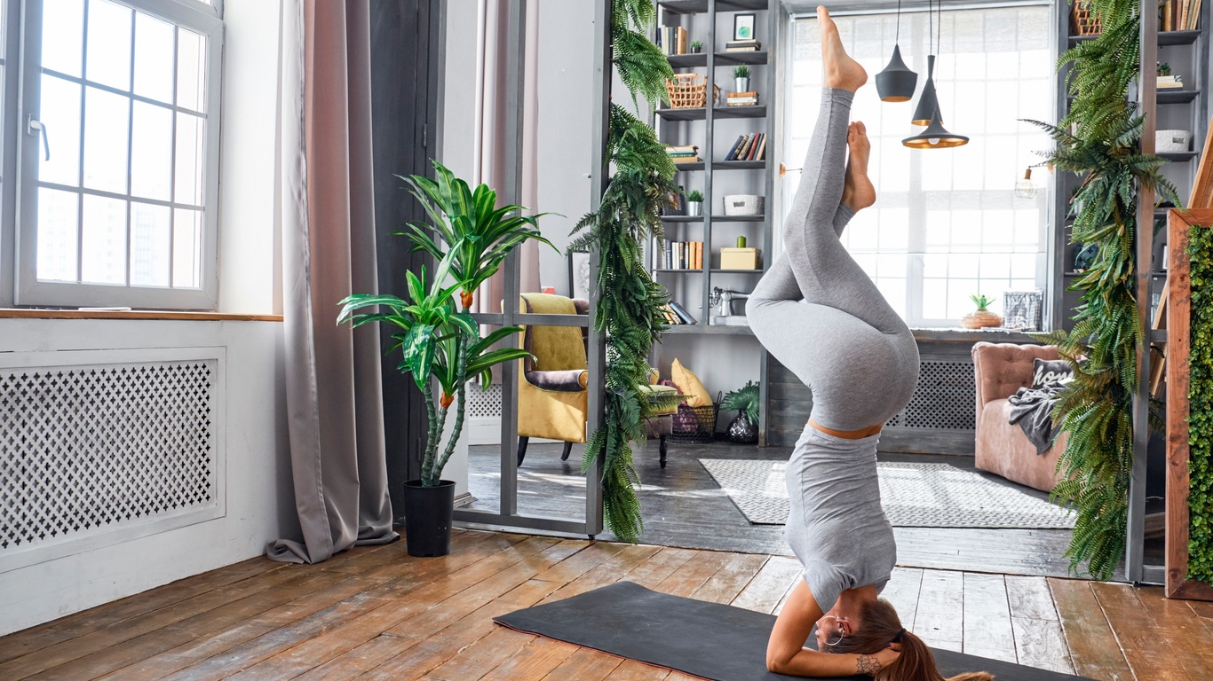 pose, room, on the head, flexible, stand, figure, brown hair, mike, leggings, girl, fitness, mat, yoga