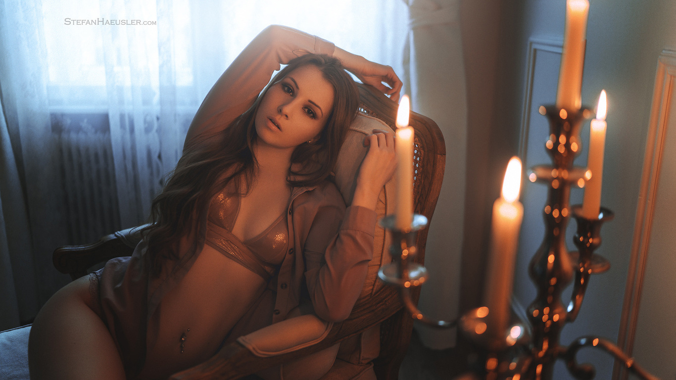 women, sitting, tanned, belly, pierced navel, lingerie, candles, window, portrait