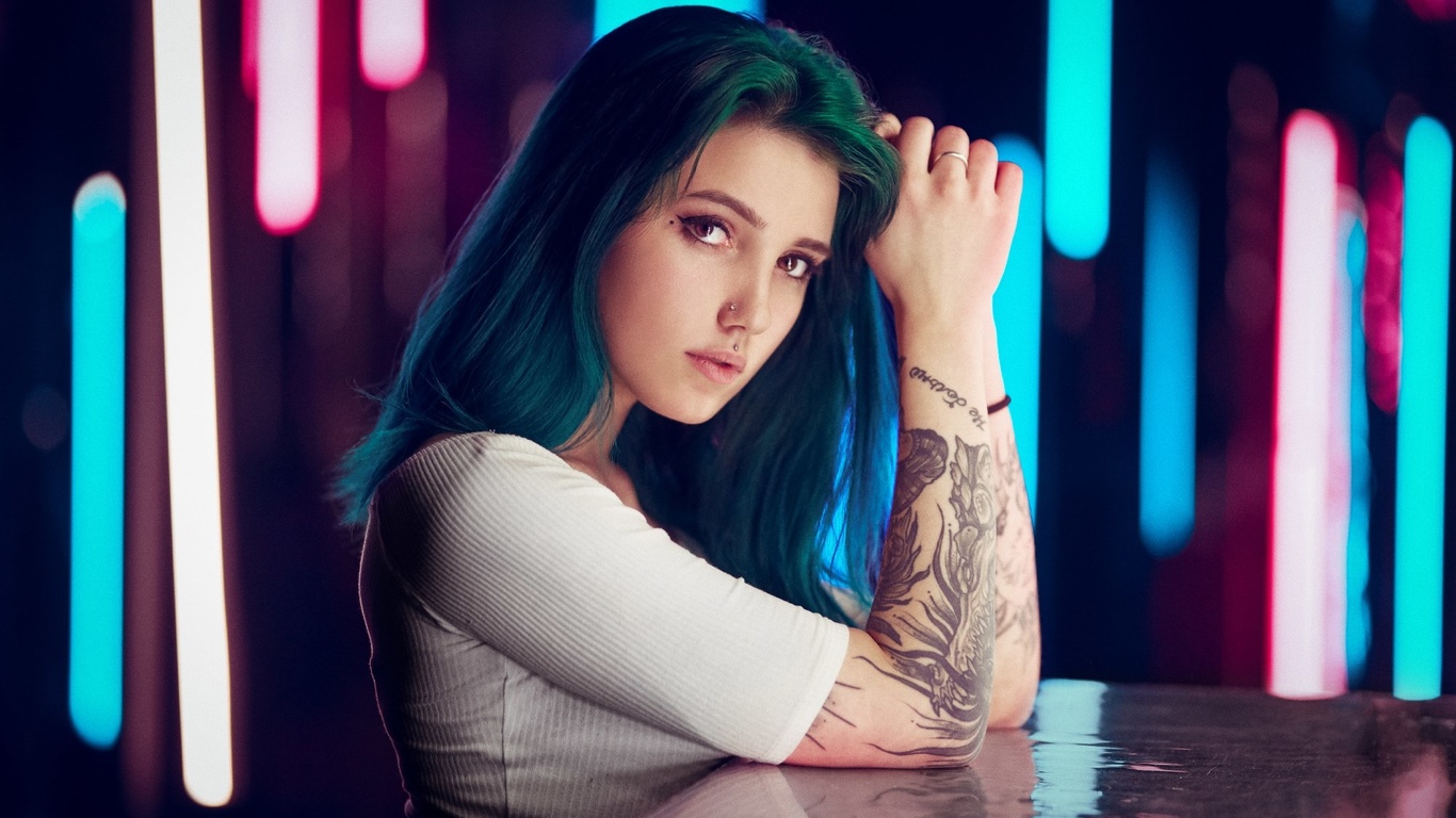 women, dyed hair, tattoo, face, portrait, pierced nose, piercing