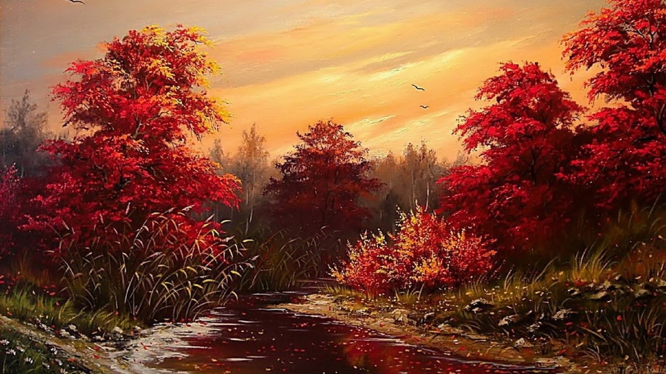 picture, khodukov, paint, trees, shore, painting, wallpaper, birds, foliage, river, water, the sky, autumn, landscape