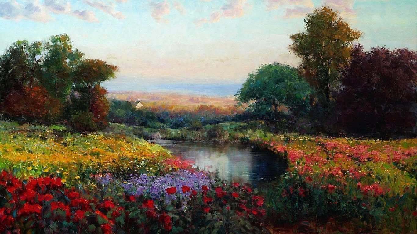 flowers, picture, oil, art, trees, lake, eric wallis, meadow, the sky, landscape, ,,,,,,,,, ,,