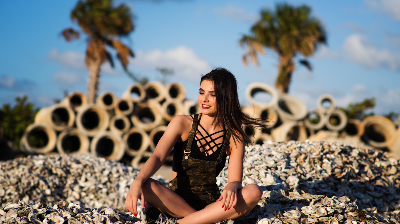 women, smiling, sneakers, palm trees, red nails, overalls, women outdoors, brunette, depth of field, looking away