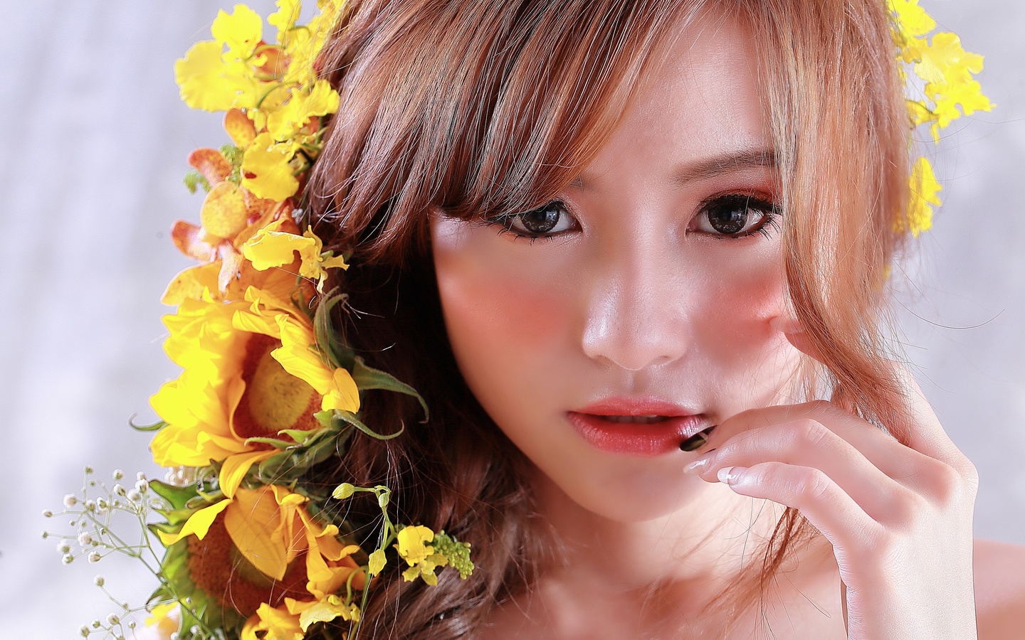 flowers, look, makeup, asian, face, beauty, hair