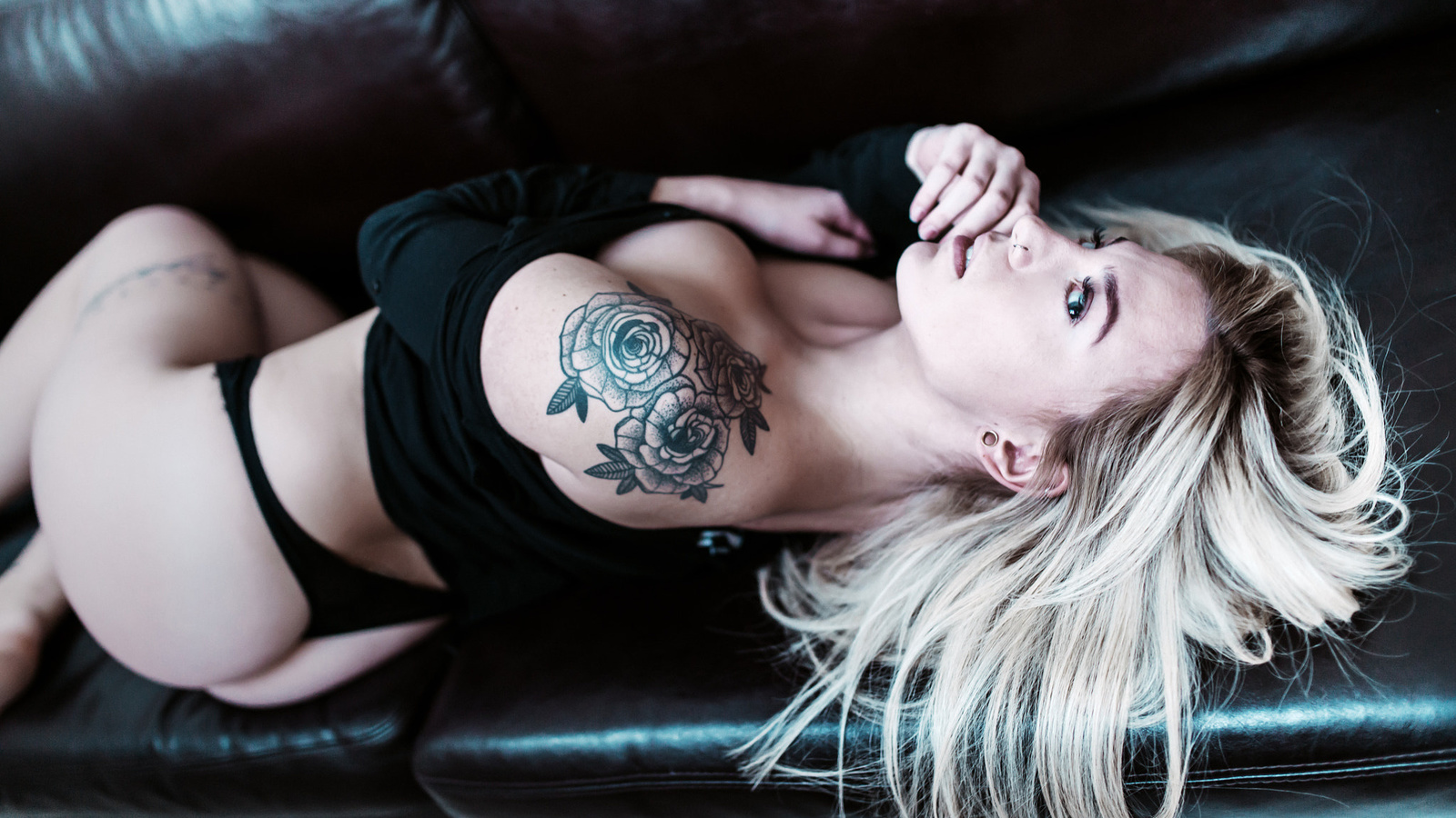 women, blonde, ass, tattoo, couch, black panties, nose rings