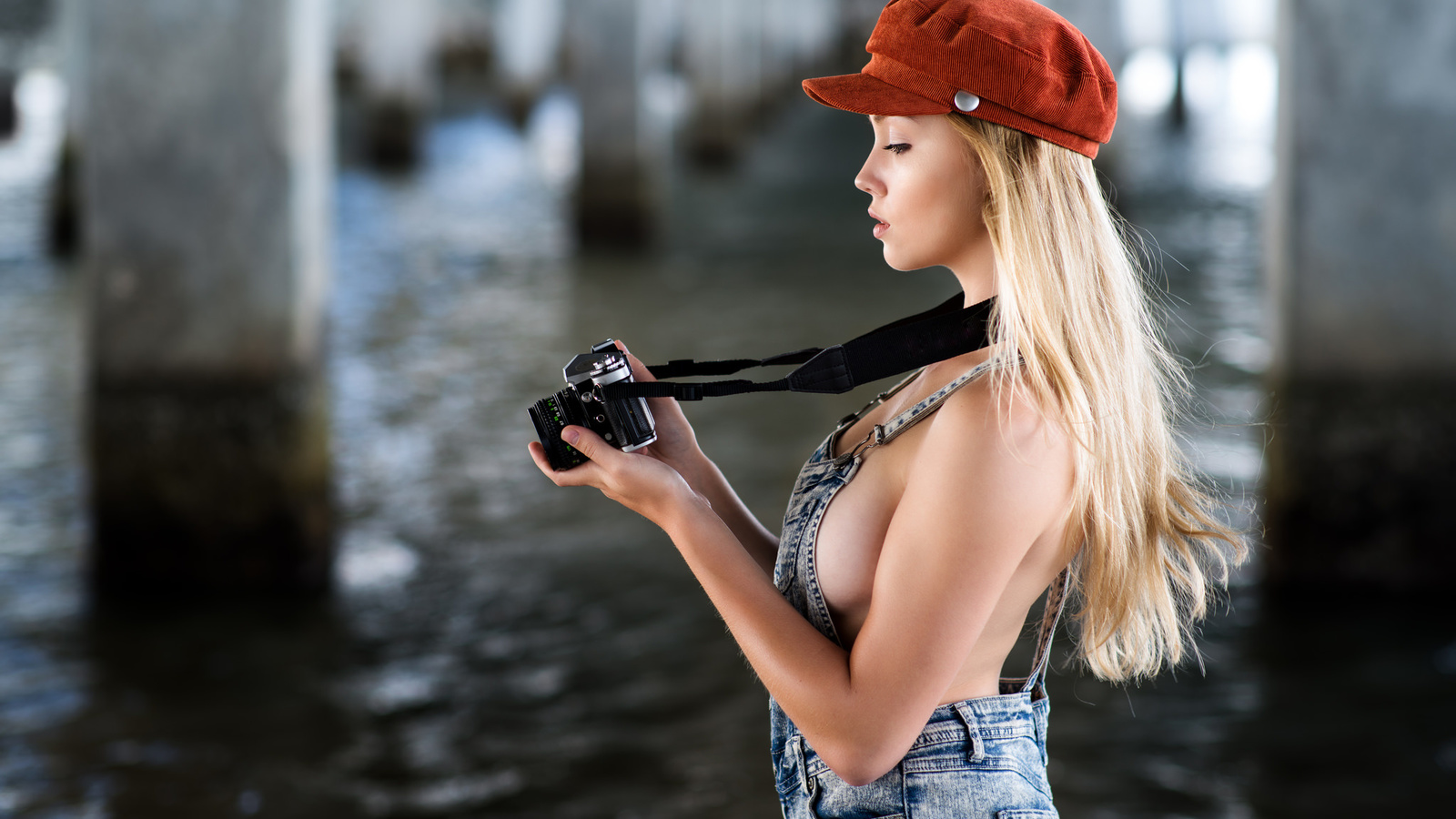 women, blonde, overalls, camera, sideboob, portrait, boobs, depth of field