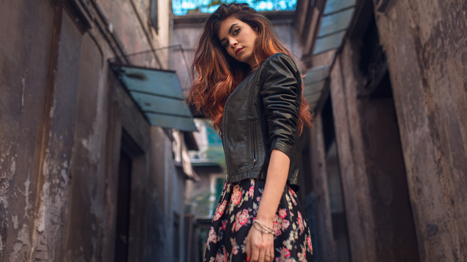 women, rear view, portrait, leather jackets, dyed hair, red nails, dress, brunette, depth of field, eyeliner