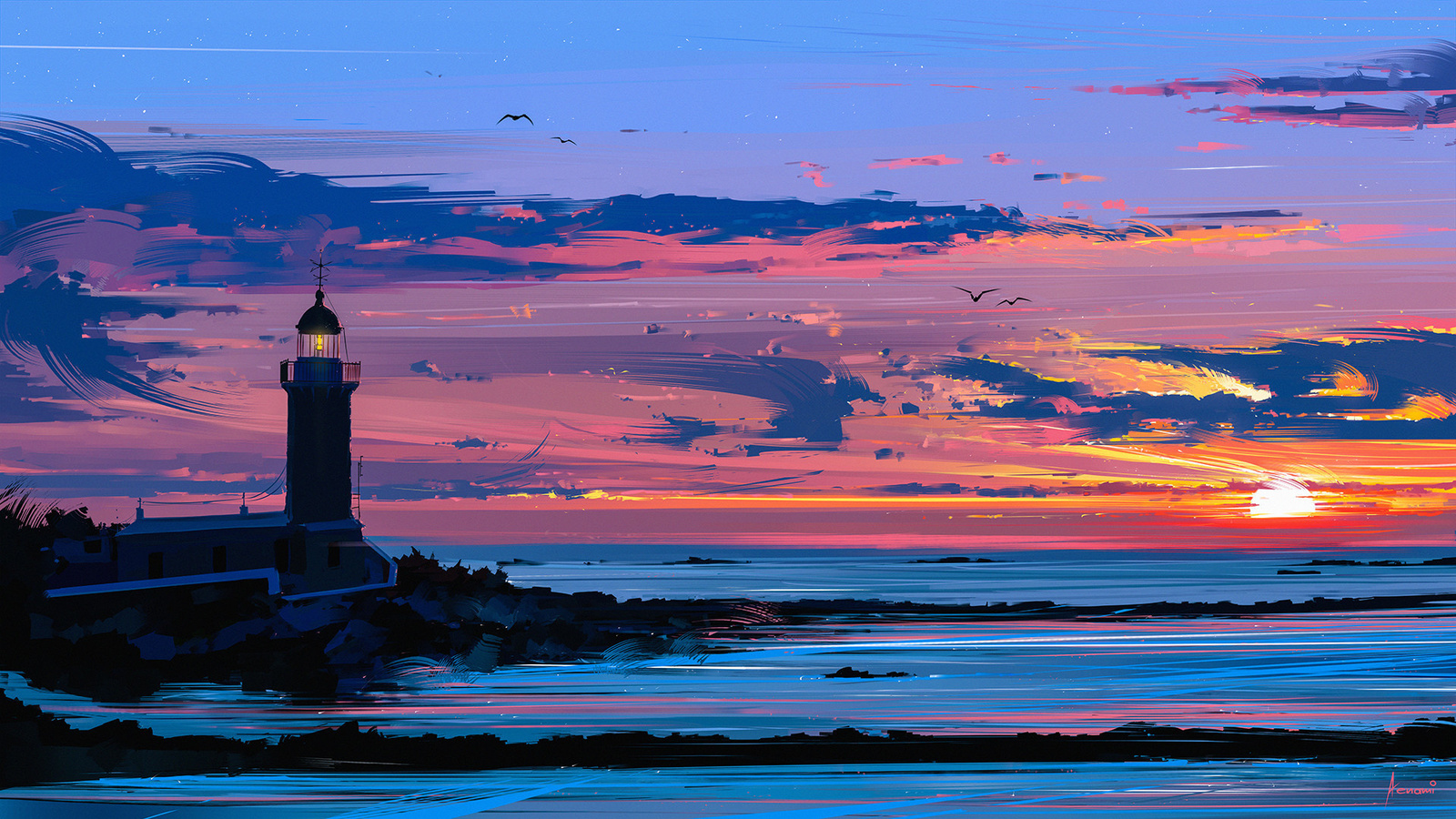 the sky, art, painting, sunset, landscape, seagulls