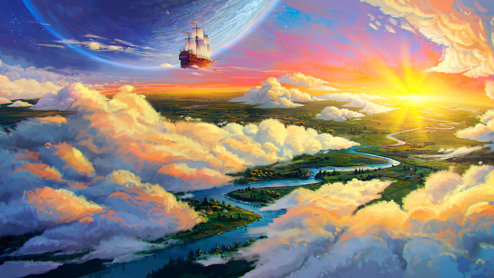 earth, ship, art, landscape, planet, river, clouds