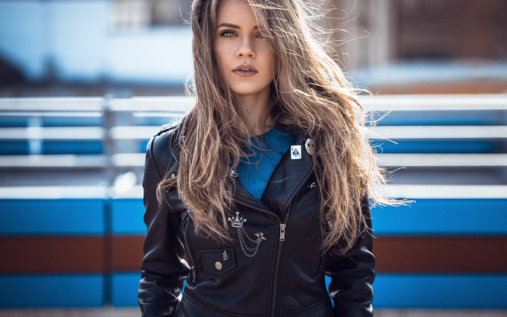 women, blonde, portrait, leather jackets, depth of field, 