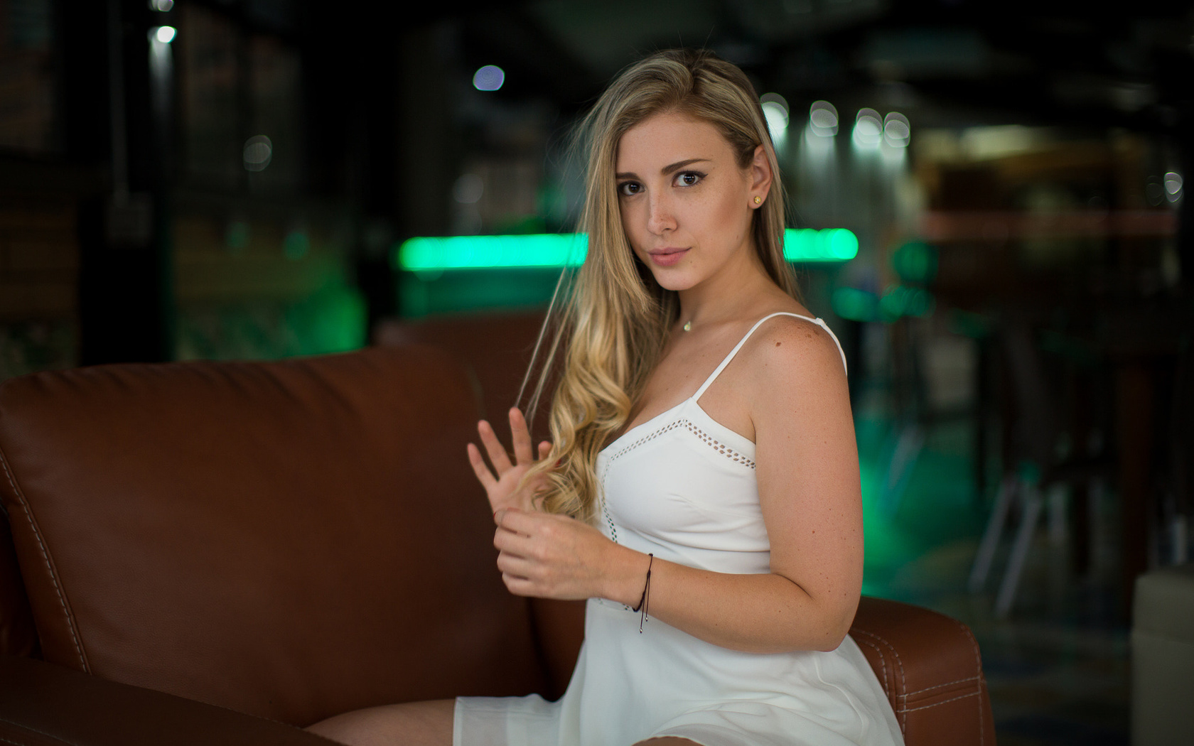 women, blonde, esteban montoya, sitting, white dress, depth of field, portrait