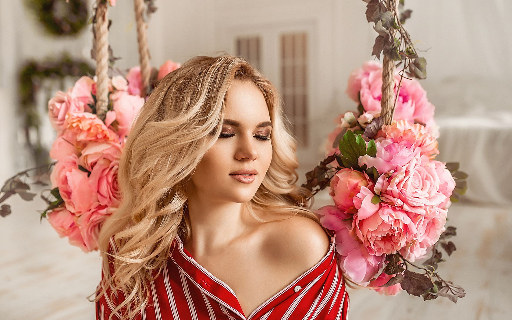 women, blonde, closed eyes, portrait, face, flowers, wavy hair