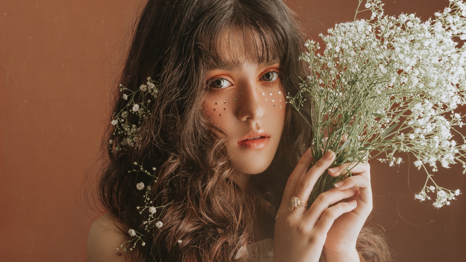 flowers, look, sequins, portrait, makeup, face, hair